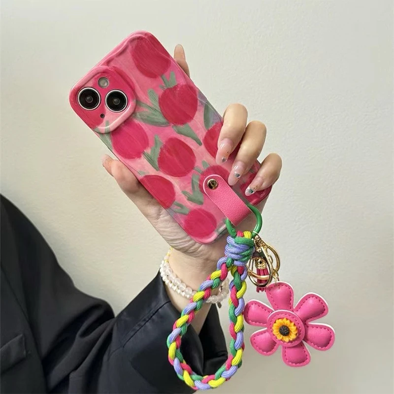 Fashion Creative Leather Sunflower Braided Rope Bag Charm Keychain For Women Ladies Stylish Backpack Ornaments Handmade Jewelry