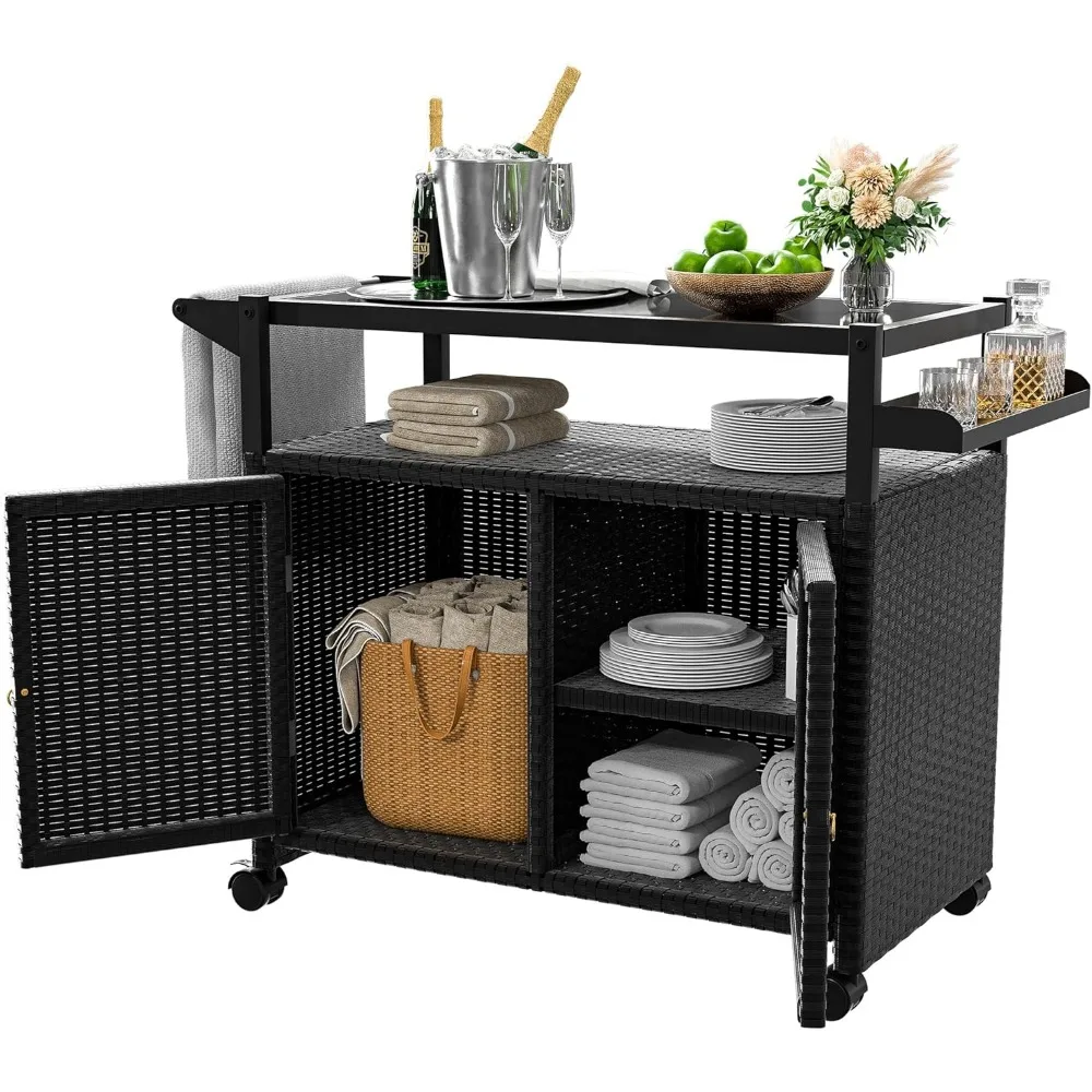 Xilingol Outdoor Bar Table, Wicker Bar Cart with Cabinet, Patio Serving Cart with Tempered Glass Top, Lockable Wheels, Rounded H