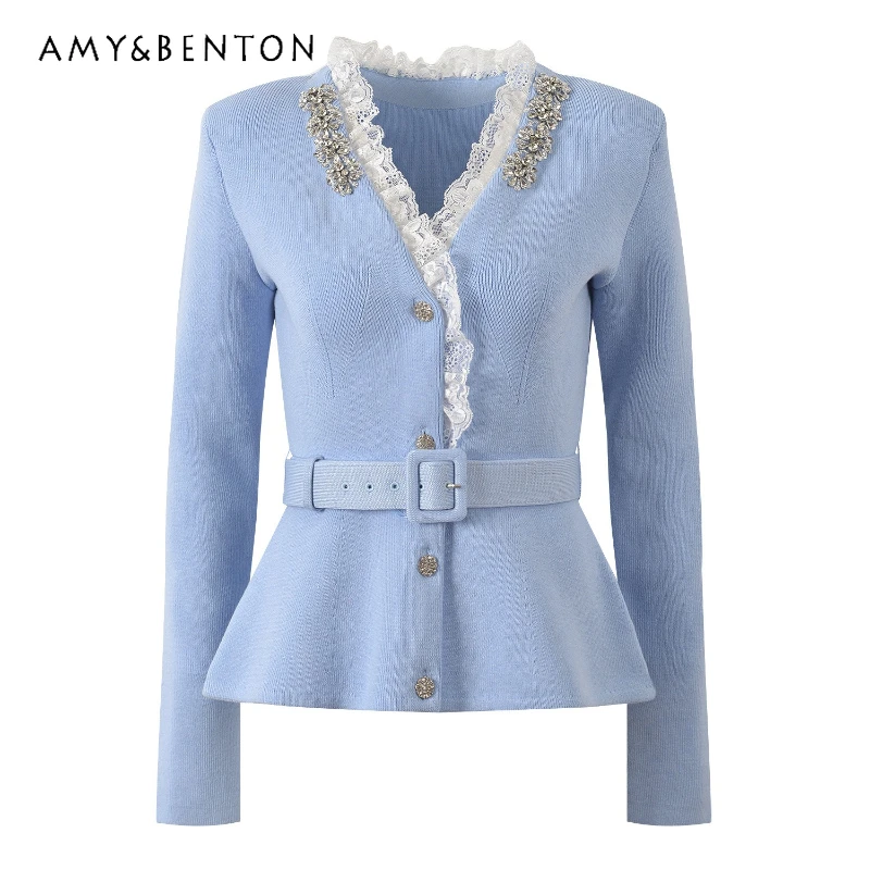 

French Heavy Industry Diamond Lace Splicing V-neck Women's Coats 2026 Elegant Temperament Fashionable Versatile Knit Coat Girl