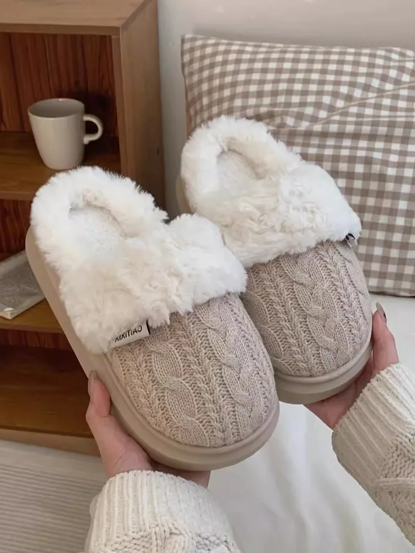 Knitting Wool Indoor Household Cotton Slippers Man Women Warm Plush Winter Casual Ladies Thick Soled Home Slippers