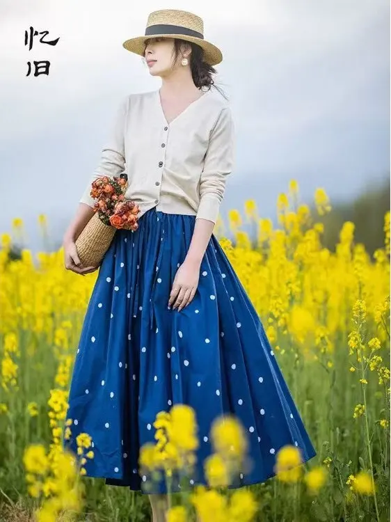 

Юбка-миди трапециевидной формы из чистого хлопка в горошек, женская весенне-летняя юбка с высокой талией и принтом, свободная повседневная юбка