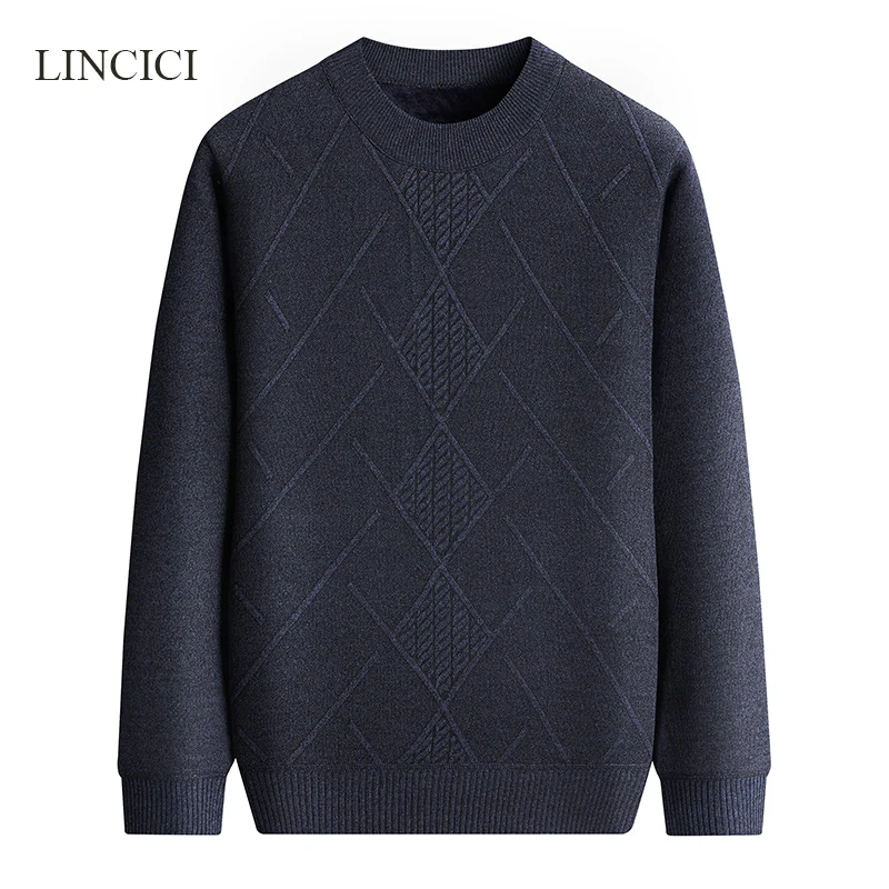 2024 Winter Plush Men\'s Knitted Sweater Round Neck Thick Bottom Warm Solid Color Versatile Casual Inner Layer Sweater