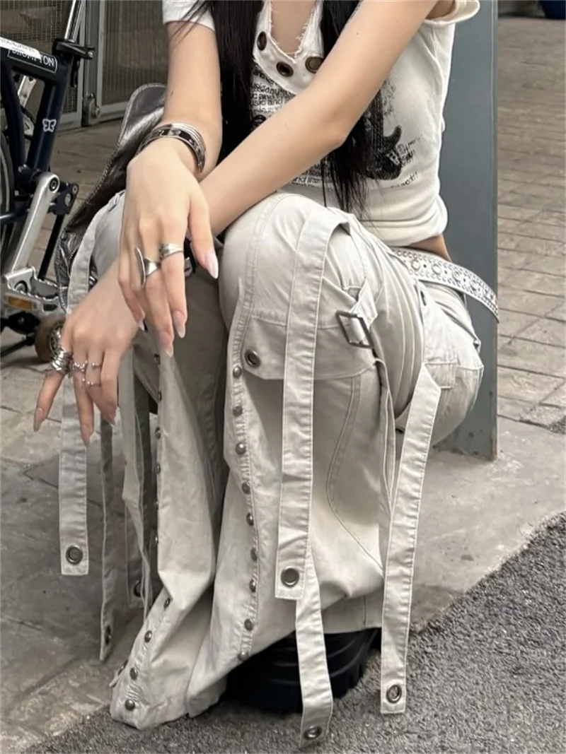 Women Goblin Core Y2k Japanese Design Harajuku Low Rise Denim Flare Cargo Pants 2000s Kpop Bell-Bottom Long Trousers Punk Jean