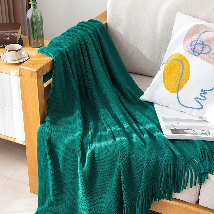 

Soild Color Blanket with Tassel Striped Knit Blankets Simple Shawl Soft for Office Sofa Couch Nap Bed Throw Blanket Keep Warm