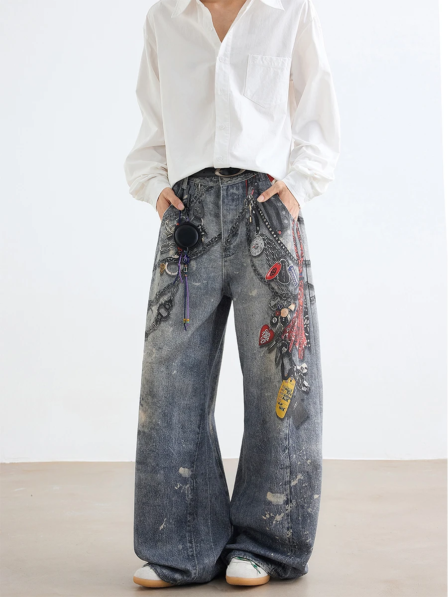 

Американские джинсы унисекс с принтом в стиле High Street, модный дизайн с эффектом брызг чернил, прямые длинные брюки, широкие, до пола, L-размер