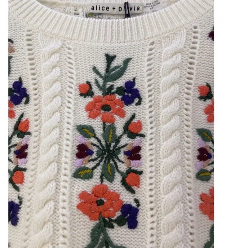 Spring Summer 2023 Street Wear Women O-Neck Embroidered Flowers Puff Sleeve Casual Clothes Knitted Sweater Top