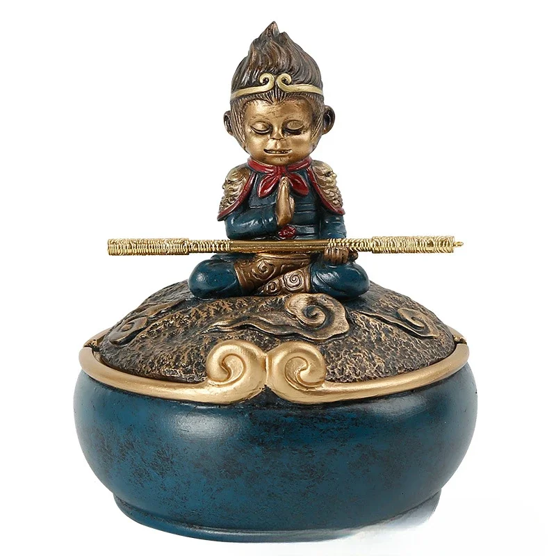 Chinese style ashtray with lid creative personality trend anti-fly ash home living room office retro wukong ornaments