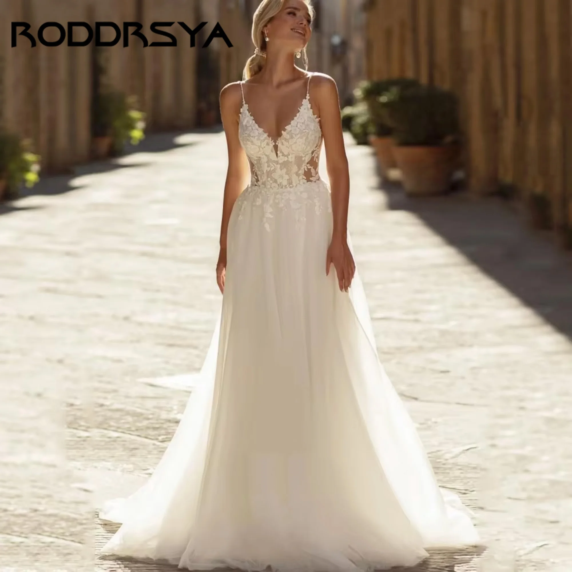 

RODDRSYA Boho A-Line Wedding Dresses Applique Lace Bride Dress V-Neck Spaghetti Straps Bridal Gowns Vestidos De NoviaCustomized