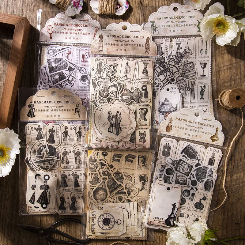 60 pcs Vintage Stickers+material paper Decorative Diary Scrapbooking handmade Planner Diy Junk Journal Supplies Set