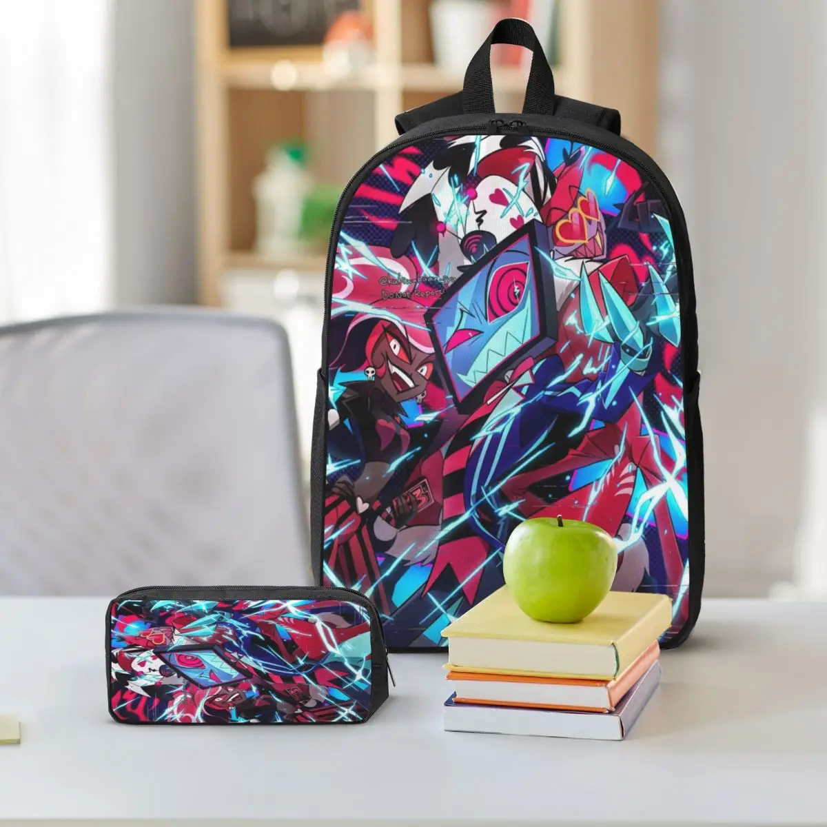 Hazbines Hoteles Alastor Vox 2 حقيبة ظهر للأطفال صندوق غداء صناديق أقلام رصاص للبنين والبنات حقائب ظهر مدرسية مجموعة حقائب الكتب