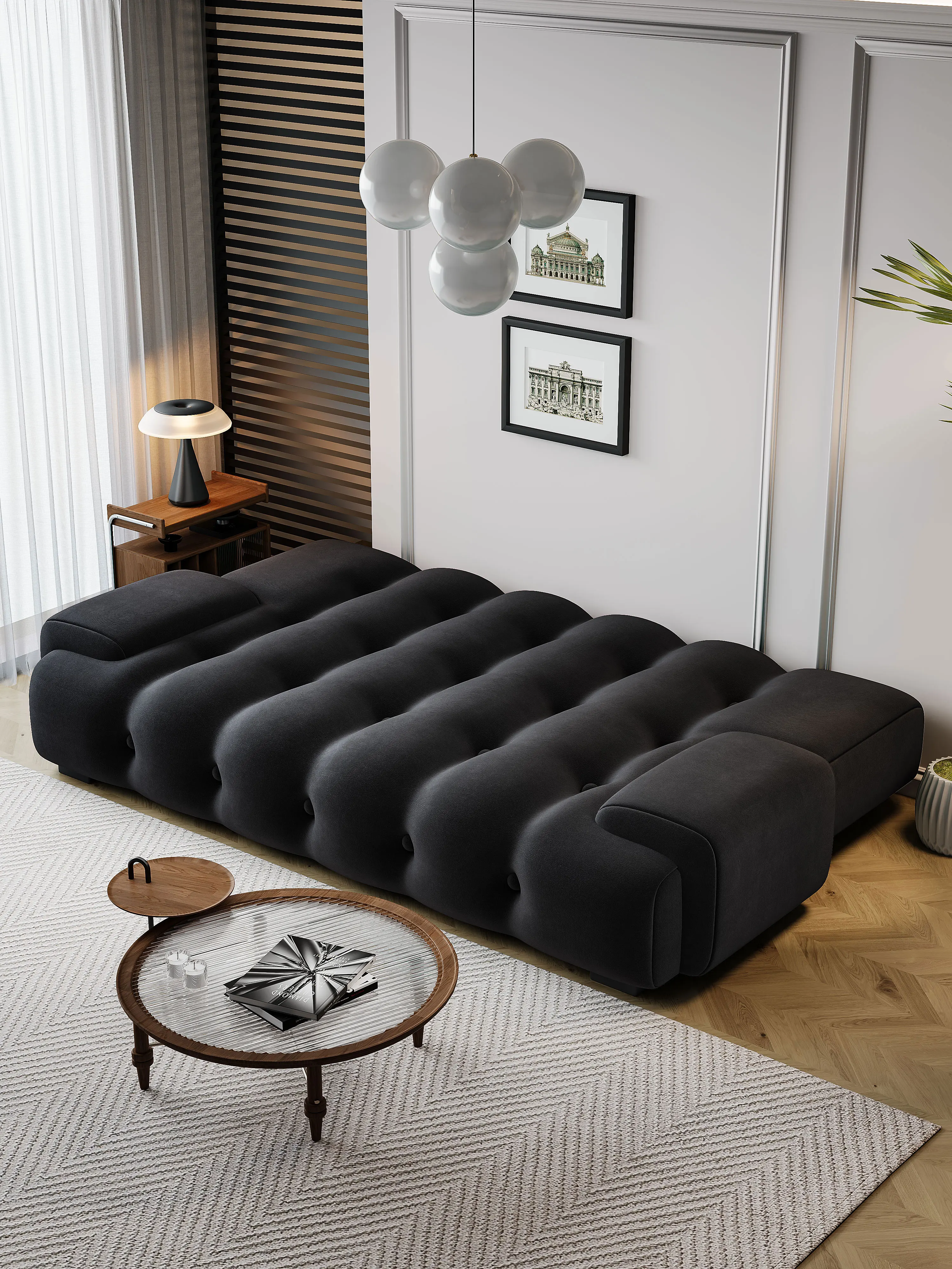 Simple and modern black in-line retro fabric sofa bed double multifunctional