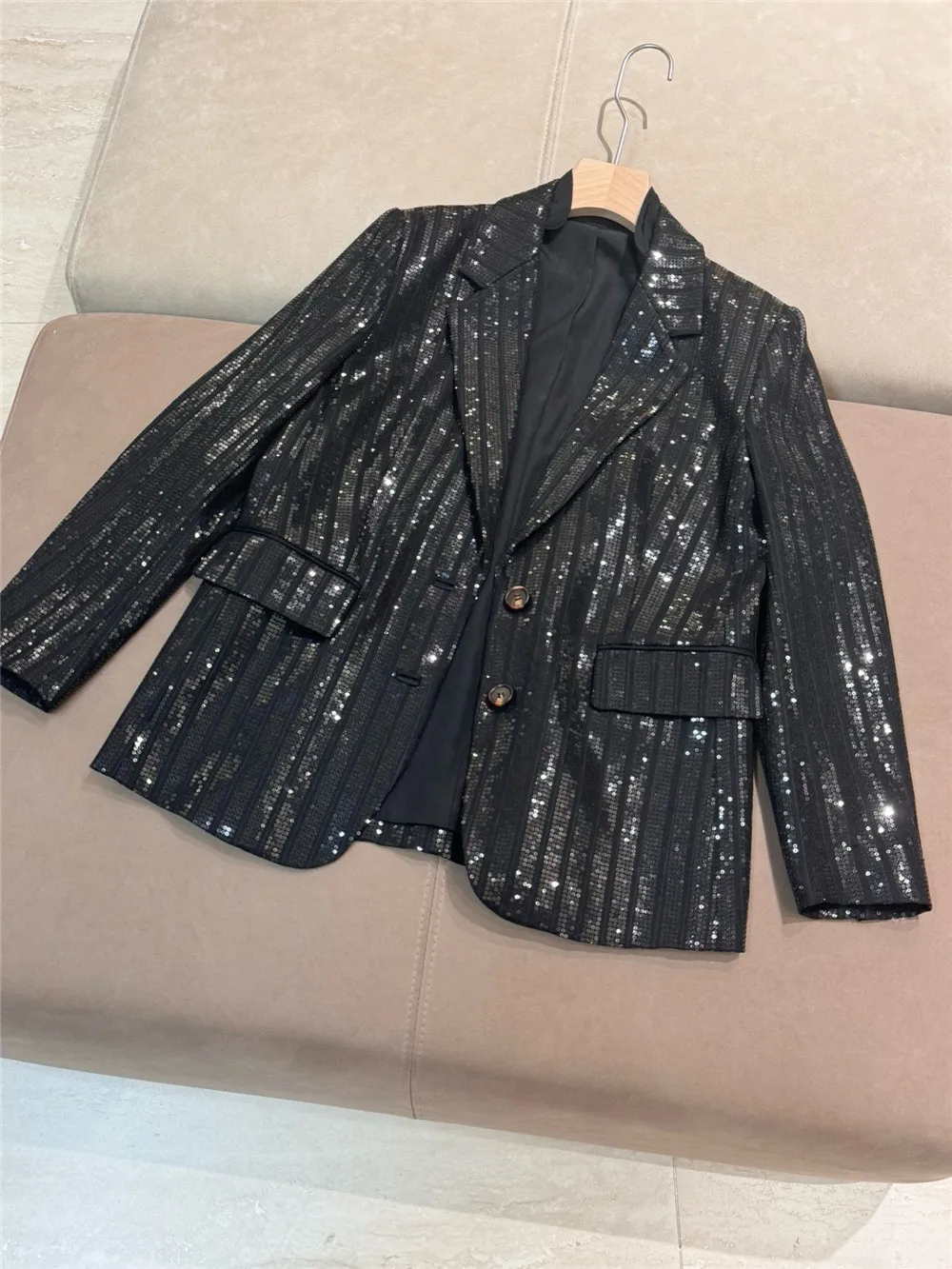 Heavy Sequined Wool Suit Blazer + High Waist Wide-Leg Pants Set Woman Clothing Autumn Winter New