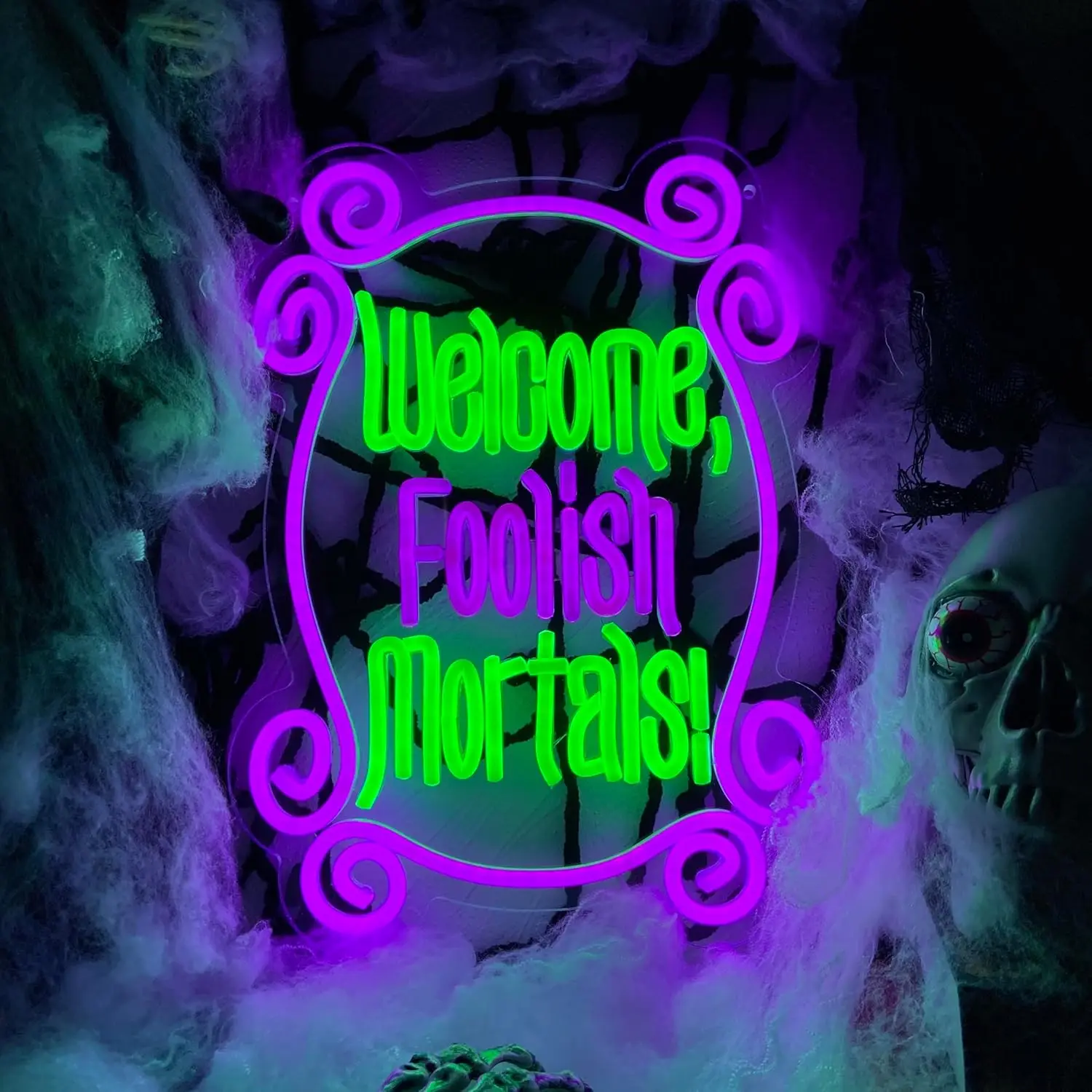 Welcome Foolish Mortals Neon Sign Haunted Mansion Decor USB Dimmable Spooky Gothic Coffin LED Neon Light Halloween Party Decor