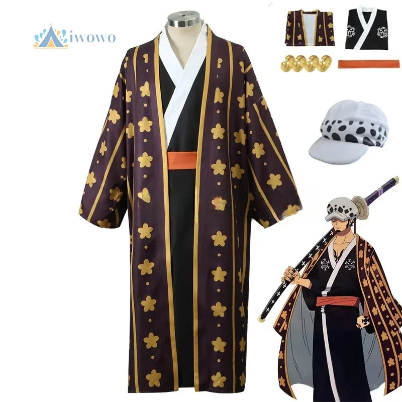 Disfraz de Cosplay de Anime Trafalgar Law, albornoz, traje tipo kimono, Wano Country, actuación de fiesta de Halloween, pendientes, sombrero
