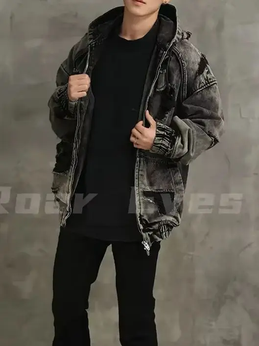 Juunj wash do old damage erosive wasteland wind hooded denim jacket dirty fit
