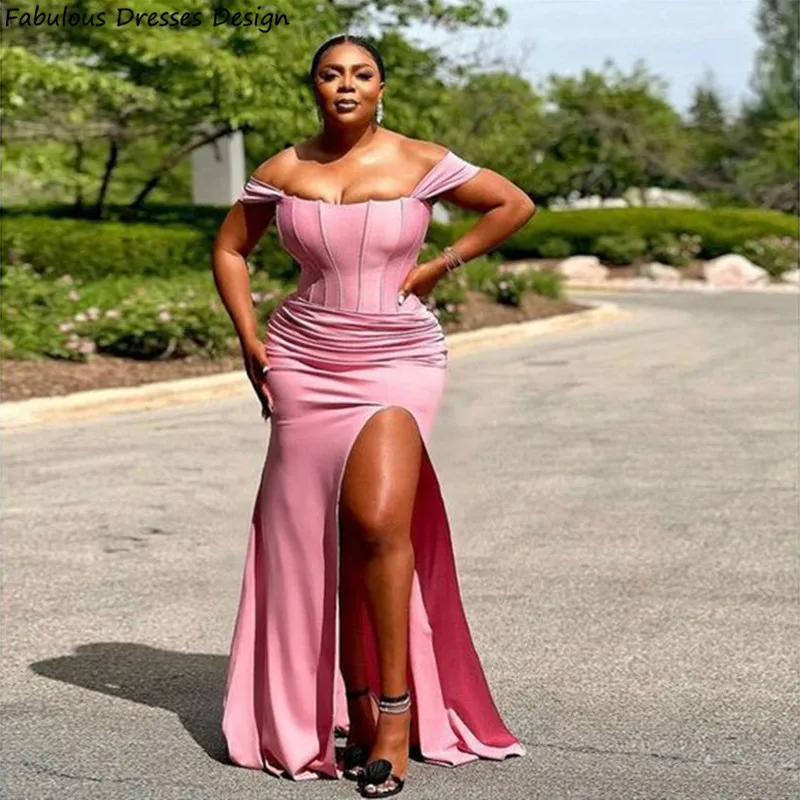 

Plus Size Mermaid Pink Mermaid Bridesmaid Dresses Long Off Shoulder Slit Wedding Guest Dress African Women Prom Party Gown