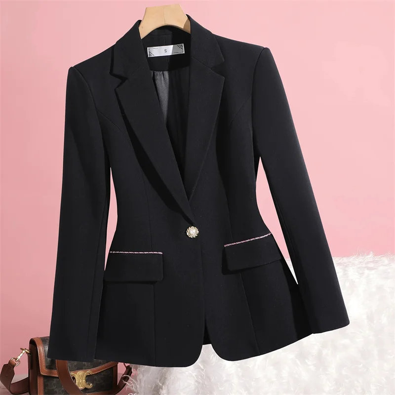春秋白黒青カジュアル長袖ブレザージャケット女性2025ファッション新作シングルボタンオフィスレディージャケットアウター