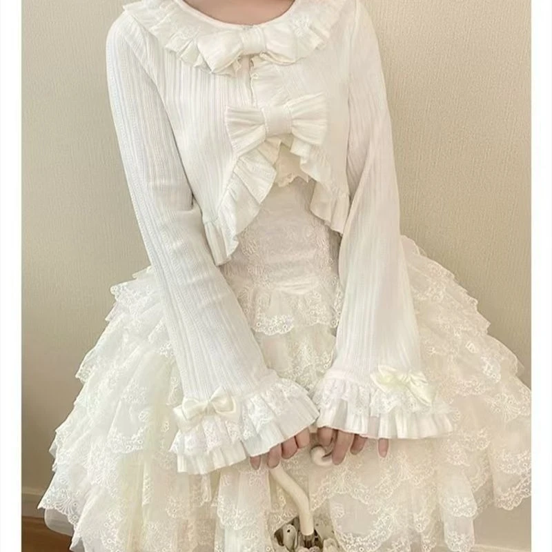 

Deeptown Sweet Bow Cardigans Women Coquette Fashion Lolita Crop Knitted Sweater Female Korean Style Pink Long Sleeve Cardigans