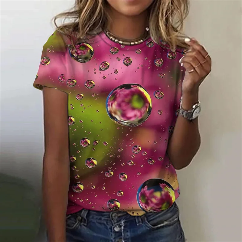 T-Shirt à manches courtes pour femmes, motif de gouttelettes colorées, dégradé imprimé en 3D, t-shirts d'été surdimensionnés, col rond, Y2K
