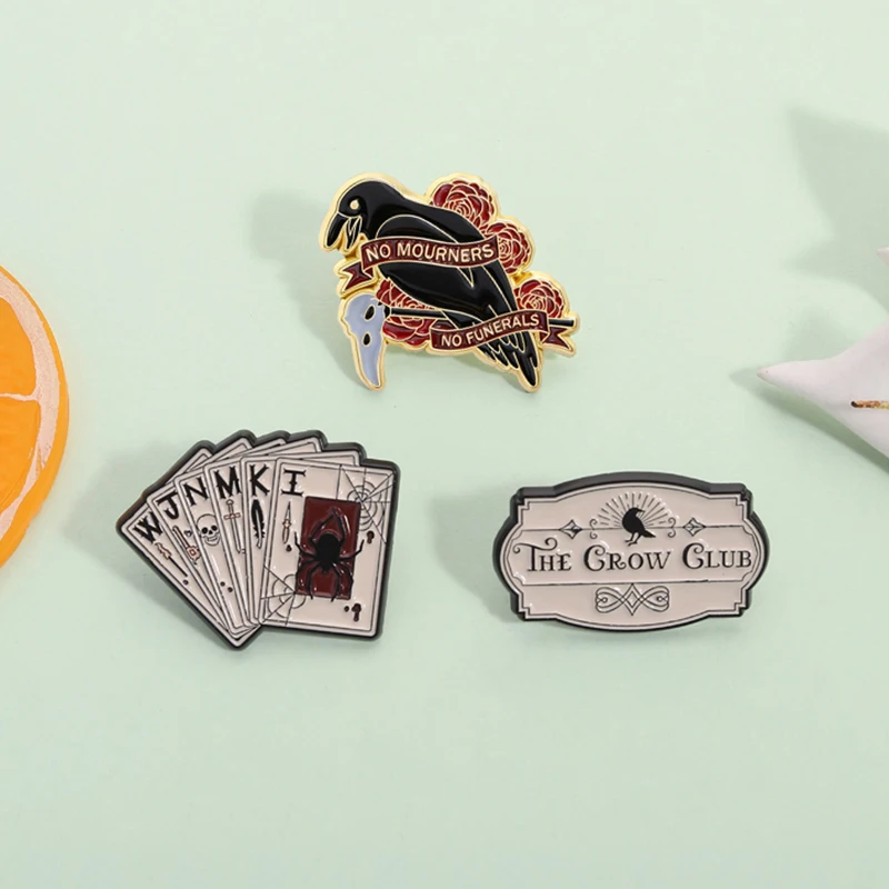 

No Mourners No Funerals Enamel Pins Six of Crows Literature Quote The Grow Club Red Rose Crow Brooches Lapel Badge Jewelry Gifts