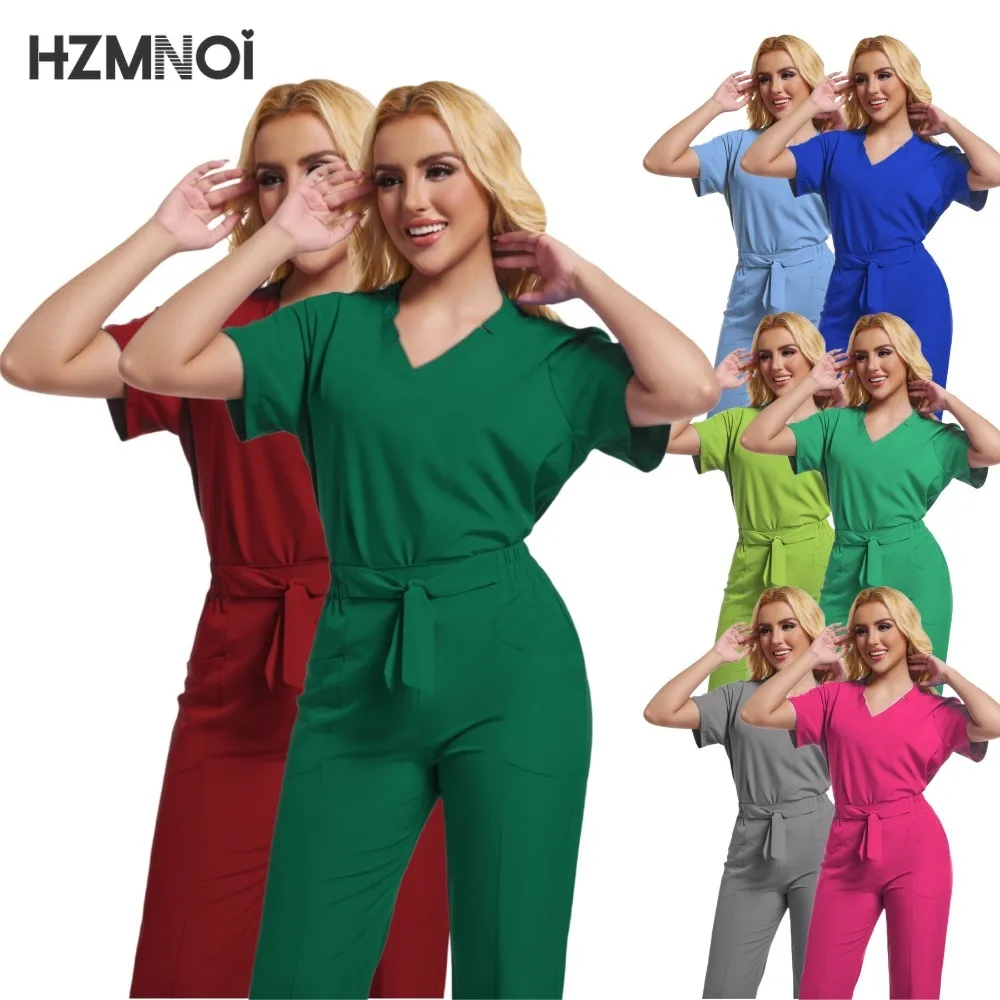 HZMNOI Medical Uniforms Women Scrubs Sets Nurse Nursing Work Clothes Beauty Salon Spa   Surgical Suit Lab Hospital Overall