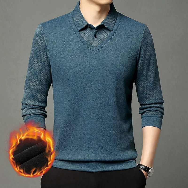 

Men's Fleece Long Sleeved Polo Collar Sweatshirts High Quality Business Versatile Pullover Two Fake Lapels Base Layer Shirt