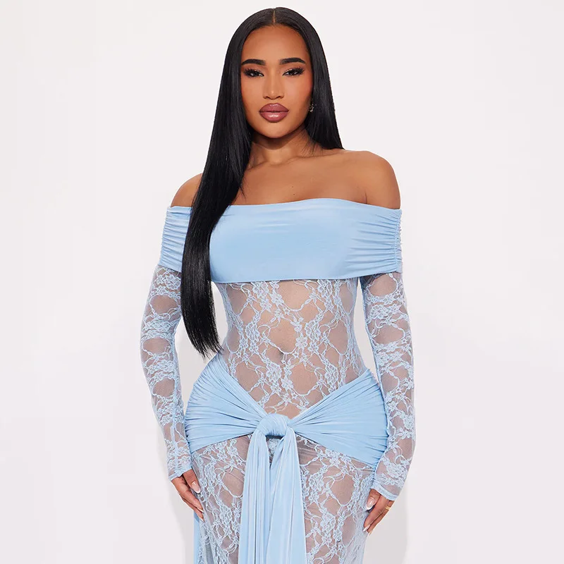 Leosoxs 2025 Fall Womens Patchwork Sheer Lace Off Shoulder Dress Sexy Slash Neck Long Sleeve Bodycon Evening Gown Party Clubwear