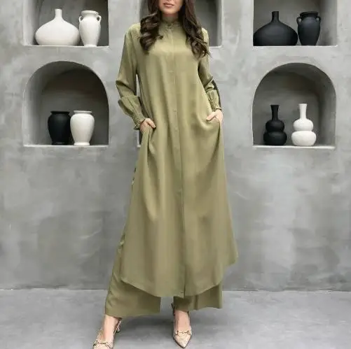 

Women's Clothing 2025 New Fashionable Multi Button Long Sleeved Slit Collar Shirt Casual Straight Leg Pants Two-Piece Set