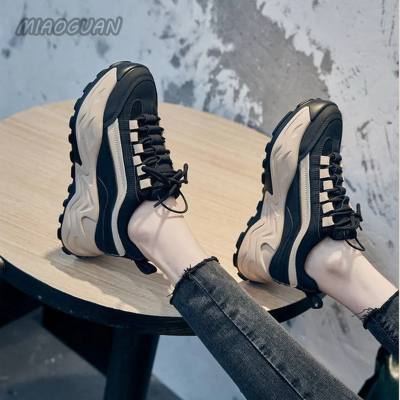 Sneakers Women Spring Women\'s Sneakers Height Increasing Beige Black Autumn Chunky Shoes Leisure Shoes Lace Up Zapatillas Mujer