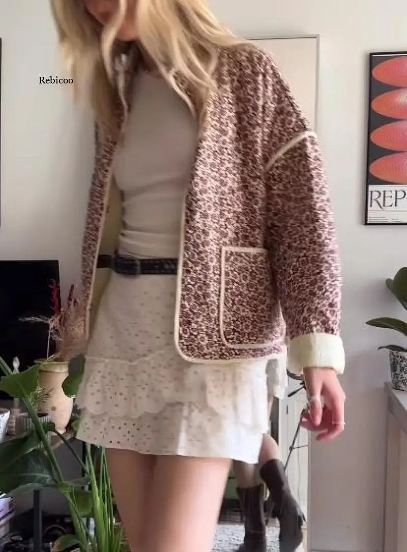 Veste en coton imprimé floral vintage pour femmes, cardigan court à manches longues, streetwear chic pour dames, mode automne, 2023