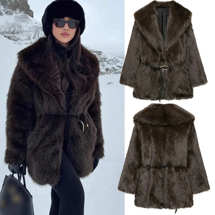 

Luxury High-end Faux Fur Lapel Coat Women Retro Belt Autumn Winter Fur Jacket Pocket Thick Warm Outerwear Long Sleeve Coat Chic