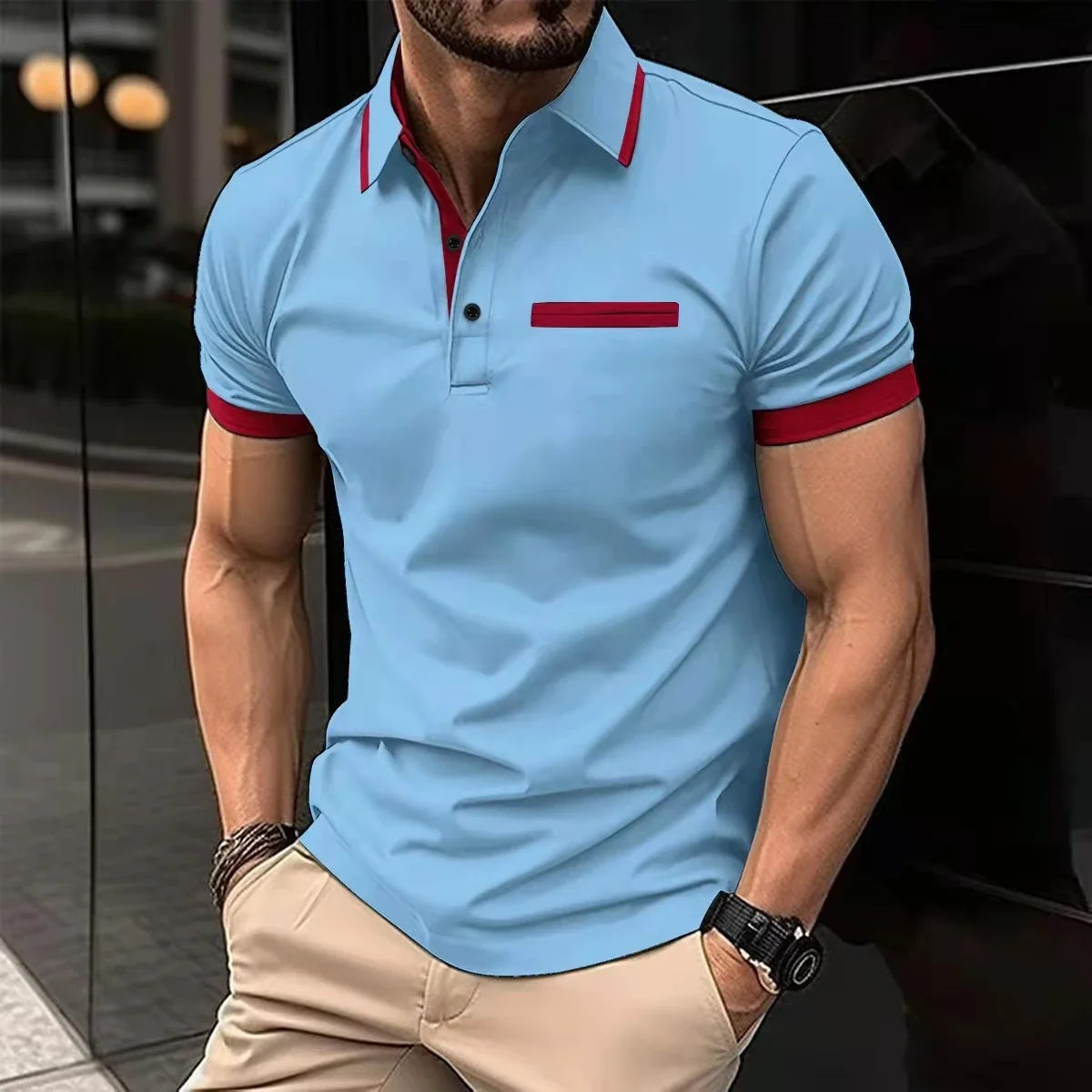 Summer men\'s short-sleeved polo shirt casual breathable top T-shirt fake pocket design men\'s casual street wear