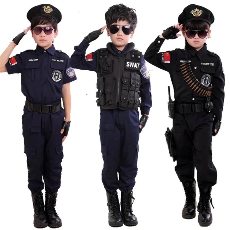 Boys Policemen Costumes Children Cosplay for Kids Army Police Uniform Clothing Set Long Sleeve Fighting Performance Uniforms