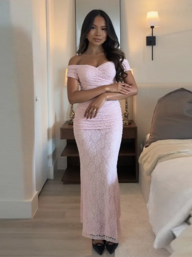 Maxivestidos de noche elegantes y elegantes de encaje para mujer, vestidos formales de noche con hombros descubiertos y sirena rosa para fiesta de graduación 2025