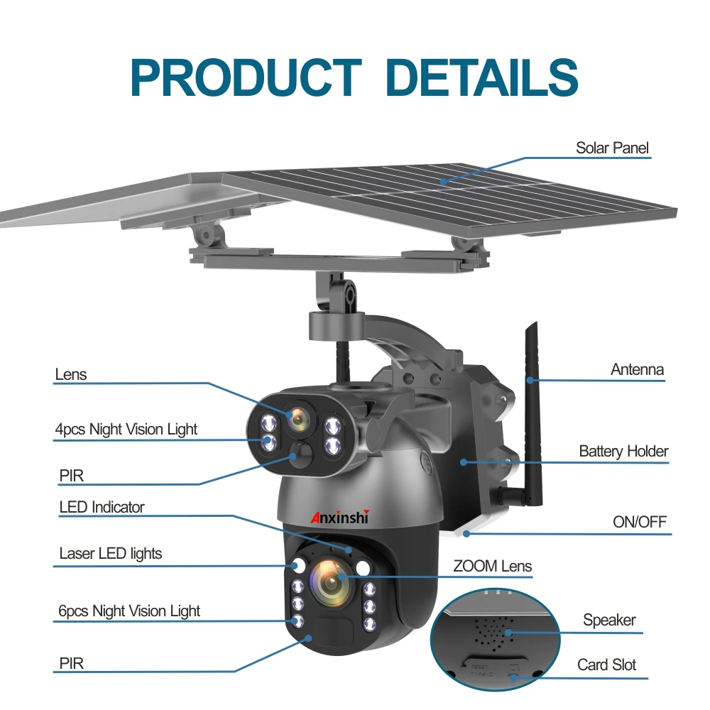Anxinshi 4G SIM 8MP 50X Zoom PTZ Camera Outdoor Solar Dual Lens Security Protection AI Human Tracking Two Way Audio CCTV Ubox