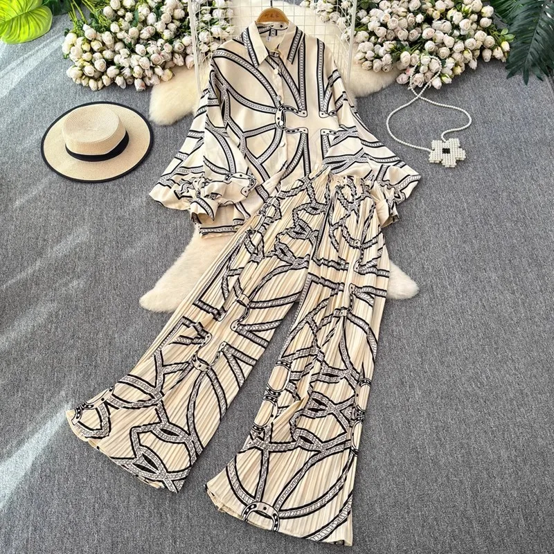 SuperAen Europe and America Style Oversize Print Shirt Tops High Waist Long Pants Two Pieces Sets