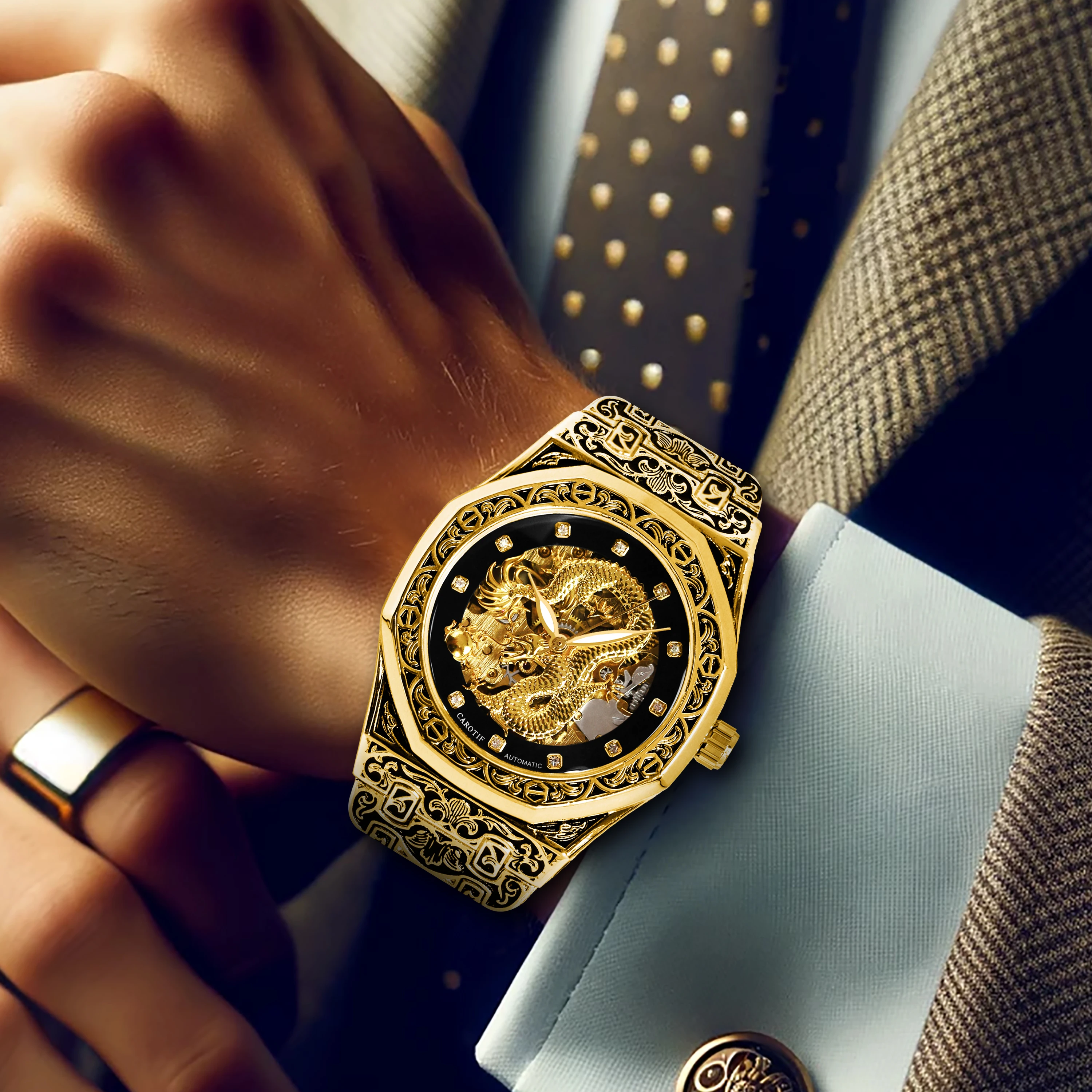 New Men's Watch Black Gold Steel Strip Business Style Mature Night Light Fully Automatic Golden Dragon Carving Mechanical Watch