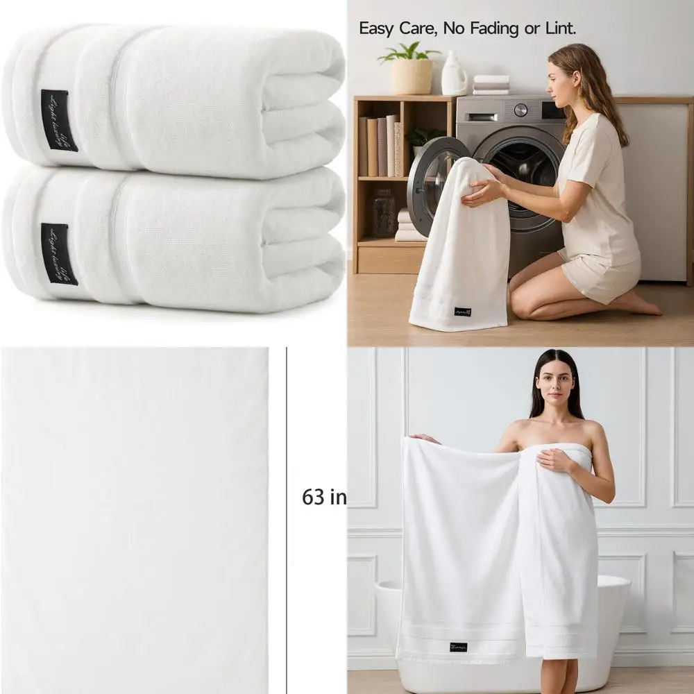 

2-Pack Cotton Bath Towels, 31x63, 760G, Absorbent & Fast Dry, Plush Hotel-Style White Towels