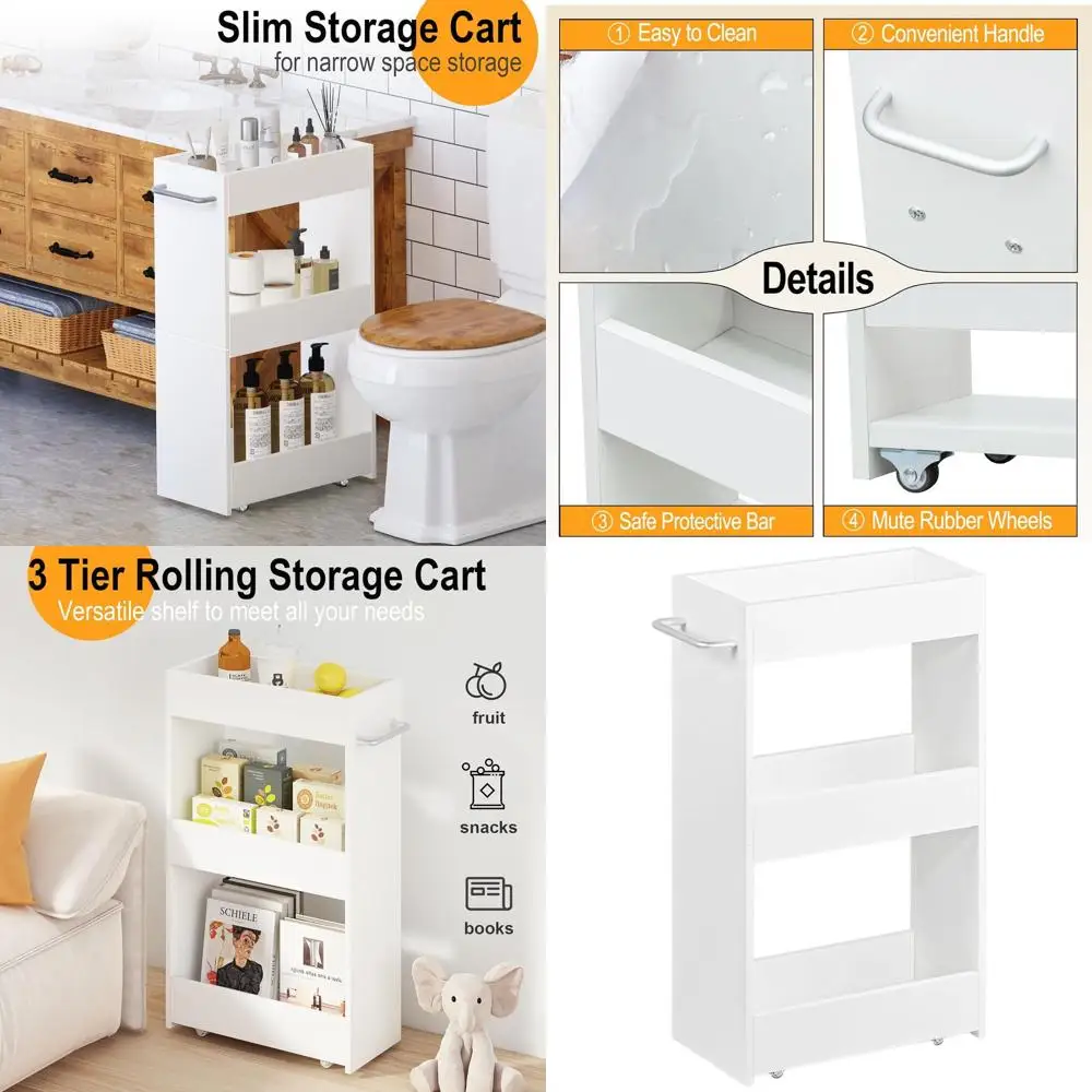 

Трехуровневая узкая тележка на колесиках, ширина 7,9 дюйма, белая универсальная кухонная тележка с колесами, органайзер для прачечной и ванной комнаты для узких пространств
