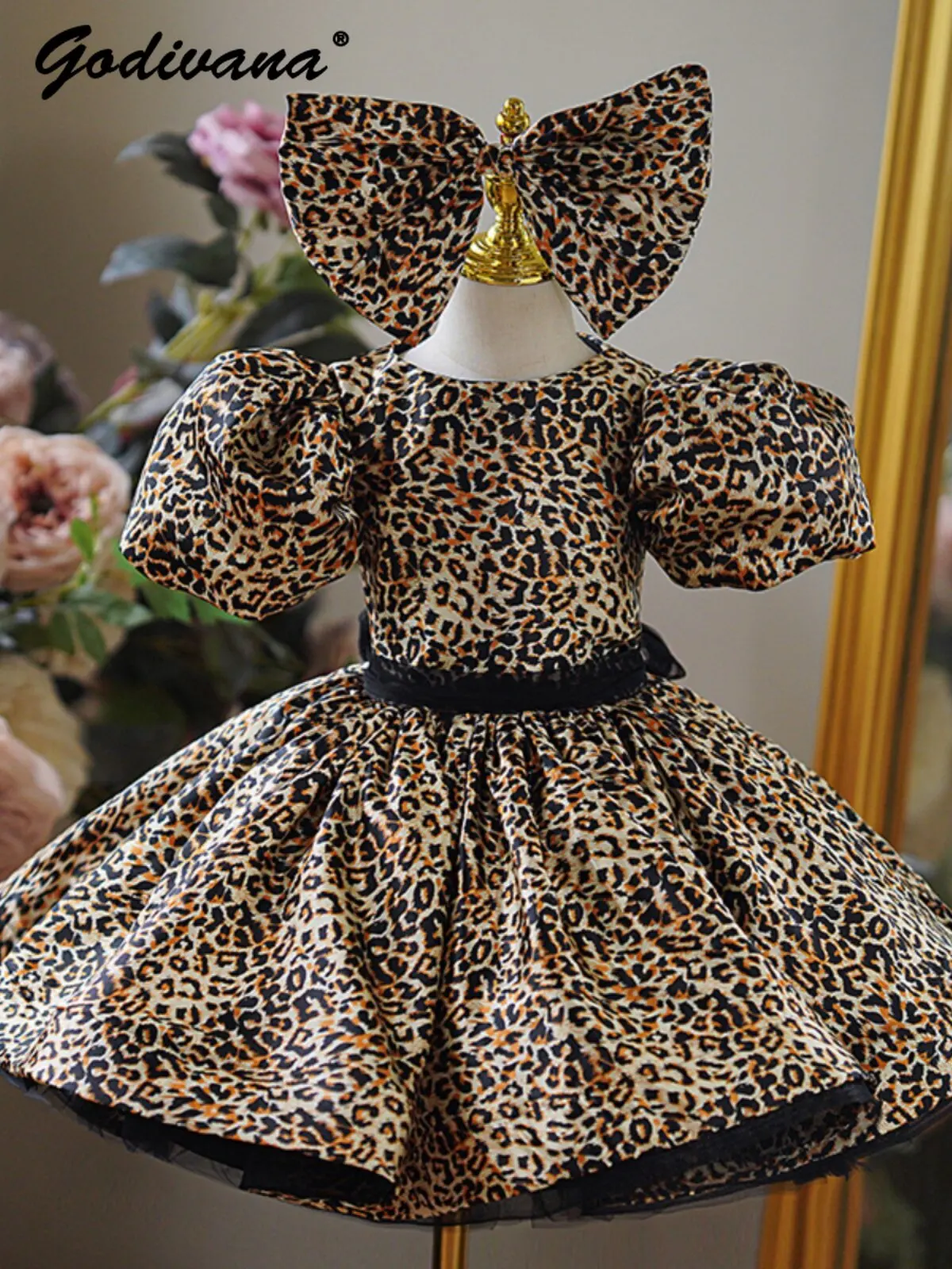 Baby Girls Runway Princess Dress Kids Luxury High End Black Tulle Leopard Print Bow Puff Sleeve High Waist Birthday Party Gown