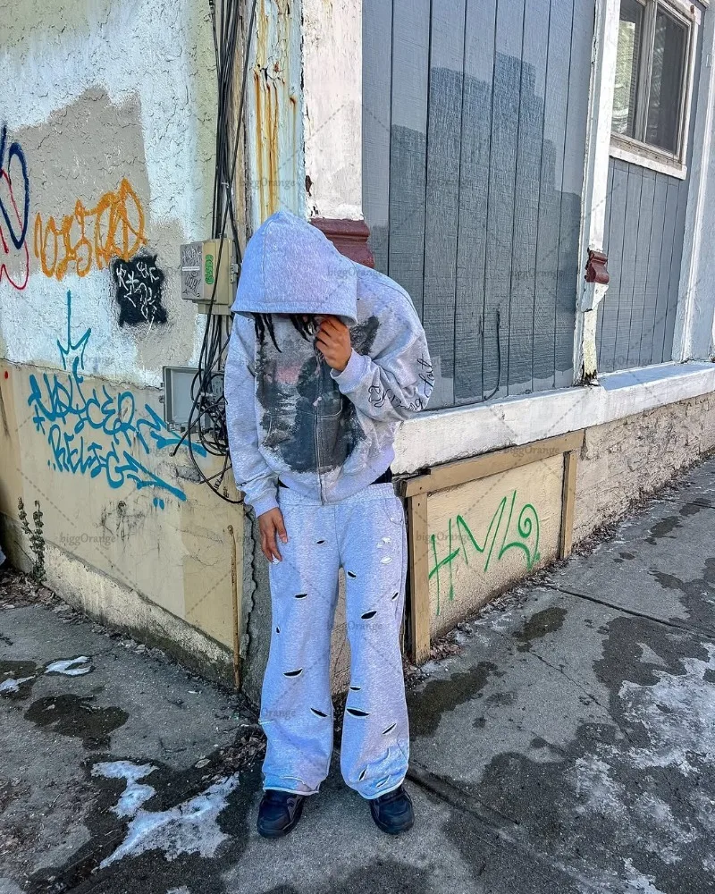 2025 شارع العليا الأمريكية الرجعية الشارع الشهير الرجال القوطية Harajuku رسالة سحاب مطبوع هوديي العصرية الشرير Y2K البلوز فوق الجانب #3