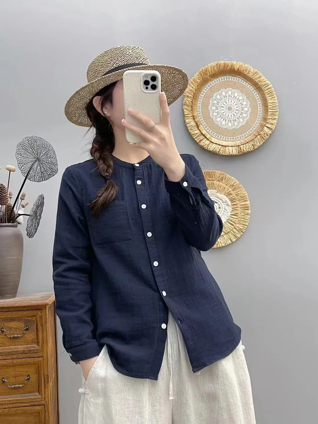 Enianechu بلوزات غزل القطن سيدة الاتجاه 2025 الوقوف طوق أبيض أزرق كحلي الصلبة القمصان والبلوزات ملابس السيدات