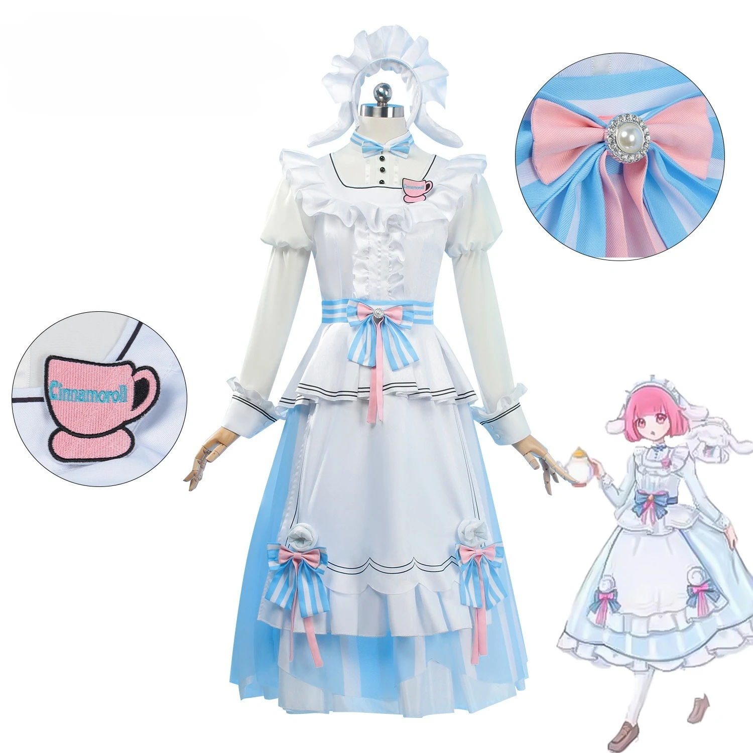 

Otori Emu Cosplay Costume from Project SEKAI Blue White Maid Outfit with Hat, Bows and Cinnamoroll Badge for Women Girls Cosplay