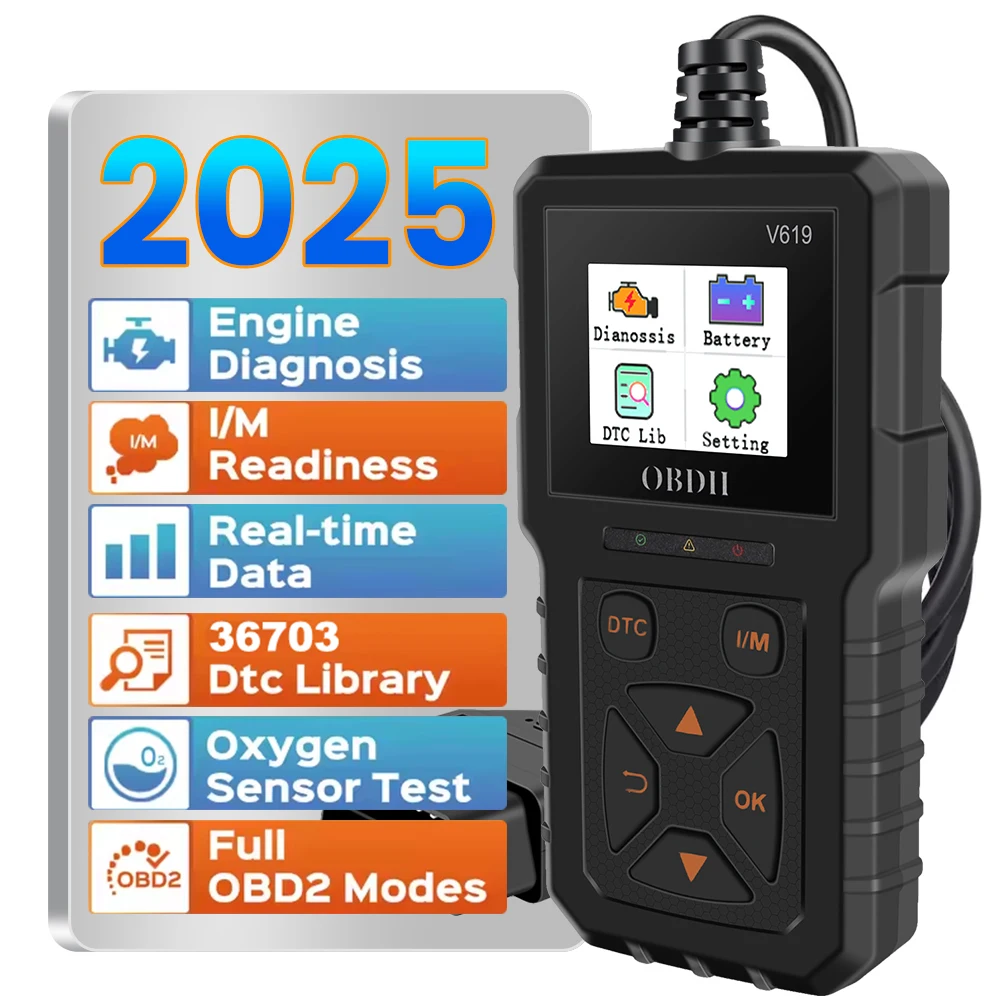 

Сканер OBD2 Clear/Wrase Коды V619 Тестер батареи Проверка системы двигателя Считыватель кодов Многоязычный автомобильный диагностический инструмент