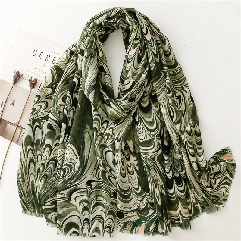 Vintage Designer Olive Green Printed Scarf Female Autumn Muslim Women Hijab Scarves Large Size Headband Handkerchief Women\'s Ban