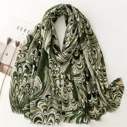 Vintage Designer Olive Green Printed Scarf Female Autumn Muslim Women Hijab Scarves Large Size Headband Handkerchief Women's Ban