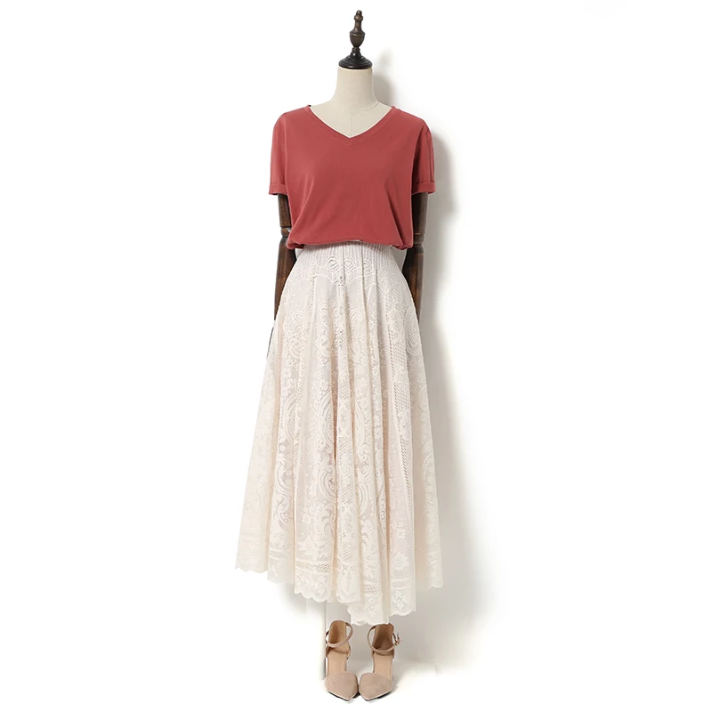 

Изысканная расшитая юбка А-силуэта миди из водорастворимого кружева, в стиле фей, удобная для повседневной носки, корейская мода, полиэстер