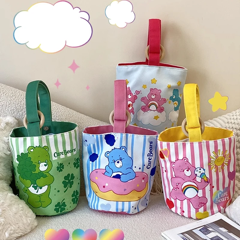 Kawaii Care Bears Portable Handbag Single Shoulder Canvas Bag Dopamine Versatile Bucket Bag Cosmetic Bag Storage Bag For Girls