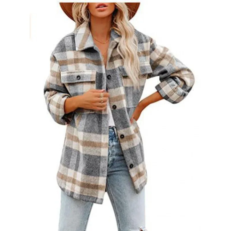 Autumn and Winter Women\'s Polo Collar Plaid Stripe Contrast Button Flocking Pocket Long Sleeve Cardigan Shirt Jacket Casual Tops