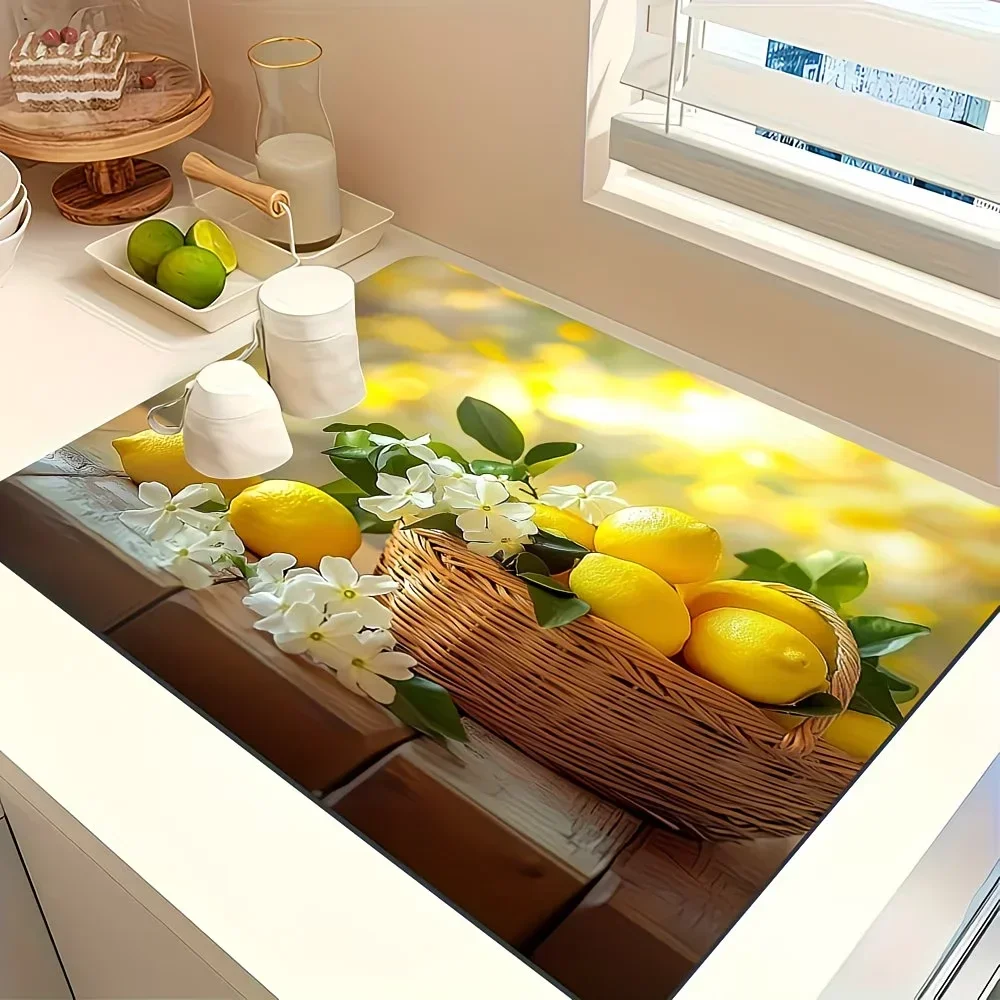 Lemon Print Waterproof Absorbent Dish Drying Mat Decor Multi Functional Kitchen Counter Dining Table Coffee Machine Pad